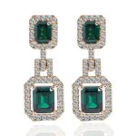Magnificent Emerald Cut Zambia Colored Lab Gemstone Yellow Gold Drop Earrings