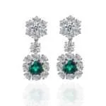 Luxurious Floral Cushion Cut Emerald and Moissanite Drop Earrings