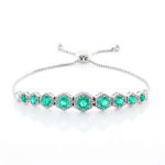 Hexagonal White Gold Bracelet with Lab Emeralds and Moissanites
