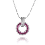 Baguette Ruby and Diamond Double Halo Circle Pendant in 18k White Gold