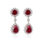 Stunning Yellow Gold Round and Pear Cut Red Lab Gemstone Drop Earrings