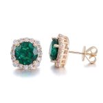 Gorgeous Yellow Gold Round Cut Green Lab Gemstone Halo Stud Earrings