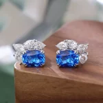 Asymmetrical Cushion Lab Sapphire and Pear Moissanite Cluster Earrings