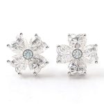 Four Leaf Clover Heart Moissanite Stud Earrings with Aquamarine Center
