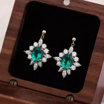 Vintage Oval Green Lab Gemstone Starburst Halo Drop Earrings