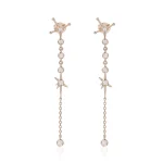 Long Linear Round Cut Moissanite Drop Earrings with Star Motifs