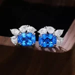 Asymmetrical Cushion Lab Sapphire and Pear Moissanite Cluster Earrings
