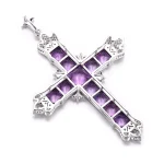 Ornate Princess Cut Purple Lab Gemstone Cross Pendant with Moissanite Accents