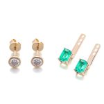 Two Stone:Yellow Gold Round And Emerald Cut Lab Gemstone Drop Earrings