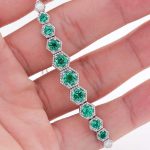 Hexagonal White Gold Bracelet with Lab Emeralds and Moissanites