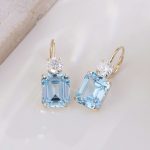 Yellow Gold Emerald Cut Blue Lab Gemstone Drop Earrings