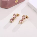 Pink Lab Gemstone Cushion and Pear Drop Earrings with Scalloped Bezel