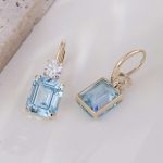 Yellow Gold Emerald Cut Blue Lab Gemstone Drop Earrings