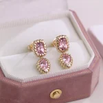 Pink Lab Gemstone Cushion and Pear Drop Earrings with Scalloped Bezel