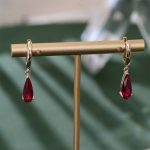 Captivating Yellow Gold Pear Cut Red Lab Gemstone Drop Earrings