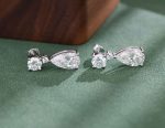 Two Stone:White Gold Round Cut and Pear Cut Moissanite Drop Earrings