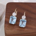 Yellow Gold Emerald Cut Blue Lab Gemstone Drop Earrings