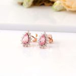 Exquisite Rose Gold Pear Cut Padparadscha Pink Lab Gemstone Stud Earrings