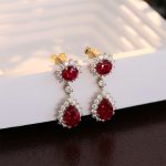 Stunning Yellow Gold Round and Pear Cut Red Lab Gemstone Drop Earrings