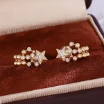 Round Cut Diamond Earrings Celestial Star Beaded Cluster Style