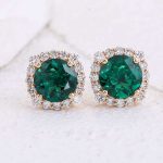 Gorgeous Yellow Gold Round Cut Green Lab Gemstone Halo Stud Earrings
