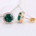 Gorgeous Yellow Gold Round Cut Green Lab Gemstone Halo Stud Earrings