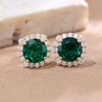Gorgeous Yellow Gold Round Cut Green Lab Gemstone Halo Stud Earrings