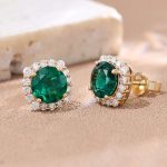 Gorgeous Yellow Gold Round Cut Green Lab Gemstone Halo Stud Earrings