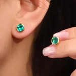 Minimalist Cushion Cut Lab Emerald Bezel Stud Earrings