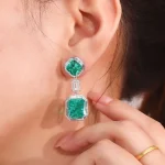Art Deco Style Asscher and Emerald Cut Green Lab Gemstone Drop Earrings