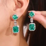 Art Deco Style Asscher and Emerald Cut Green Lab Gemstone Drop Earrings