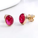 Classic Stud Earring with Oval Cut Cabochon Lab Red Gemstone