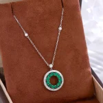 Emerald and Diamond Halo Circle of Life Necklace | 18k White Gold Station Chain