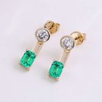Two Stone:Yellow Gold Round And Emerald Cut Lab Gemstone Drop Earrings