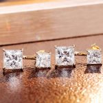 Alluring Yellow Gold Double Princess Cut Moissanite Stud Earrings