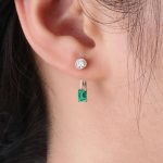 Two Stone:Yellow Gold Round And Emerald Cut Lab Gemstone Drop Earrings