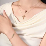 Dainty Emerald and Diamond Cross Necklace in 18k Yellow Gold（Small-size version）