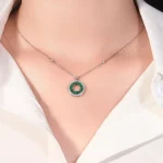 Emerald and Diamond Halo Circle of Life Necklace | 18k White Gold Station Chain