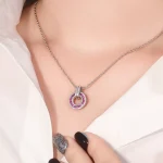 Baguette Ruby and Diamond Double Halo Circle Pendant in 18k White Gold