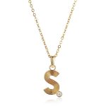 Personalized Initial S Pendant Necklace with Round Brilliant Moissanite Accent Stone