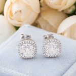 Gorgeous White Gold Cushion Cut Moissanite Halo Stud Earrings