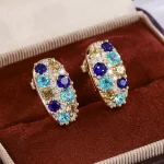 Round Cut Lab Gemstone Earring Moissanite Accents Multicolor Cluster