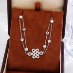 Round Cut Moissanite Double Chain Bracelet Paved Motif Station Design
