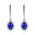 Oval Cut Lab Sapphire Earrings with Round Cut Moissanite Accent Halo Setting