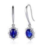 Oval Cut Lab Sapphire Earrings with Round Cut Moissanite Accent Halo Setting