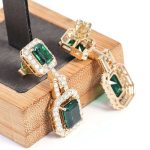 Magnificent Emerald Cut Zambia Colored Lab Gemstone Yellow Gold Drop Earrings