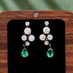 Yellow Gold Round Cut Lab Green Gemstone cluster Drop Earrings