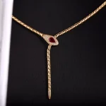 Serpent Lariat Necklace | 18K Gold Adjustable Lab Ruby and Snake