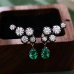 Yellow Gold Round Cut Lab Green Gemstone cluster Drop Earrings
