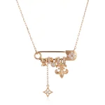 Round Cut Diamond Pendant Necklace Safety Pin Multi-Charm Style